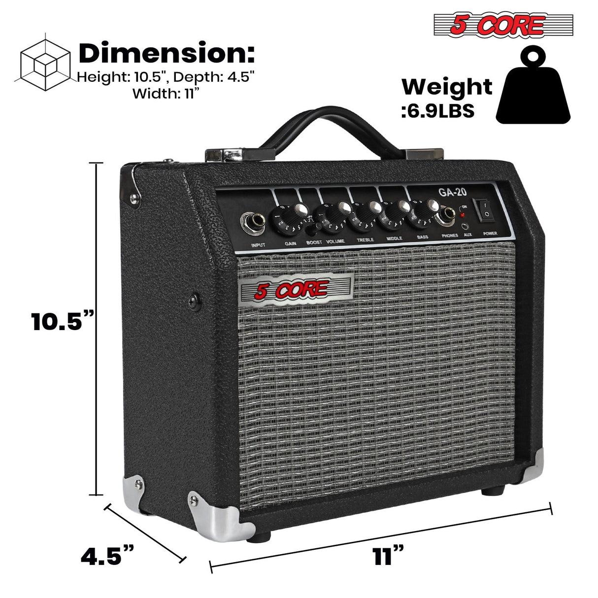 Compact guitar amplifier with dimensions 10.5" x 4.5" x 11", designed for portability and powerful sound output.