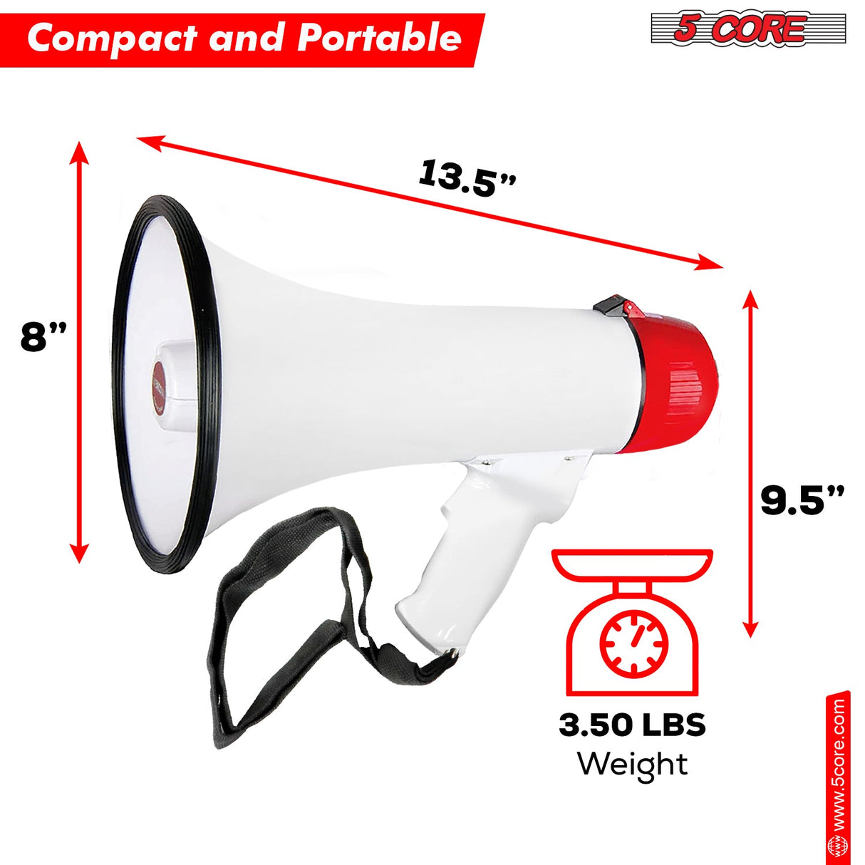 Compact and portable bullhorn mega phone with dimensions (13.5" length, 8" diameter, 9.5" height) and a weight of 3.50 lbs.