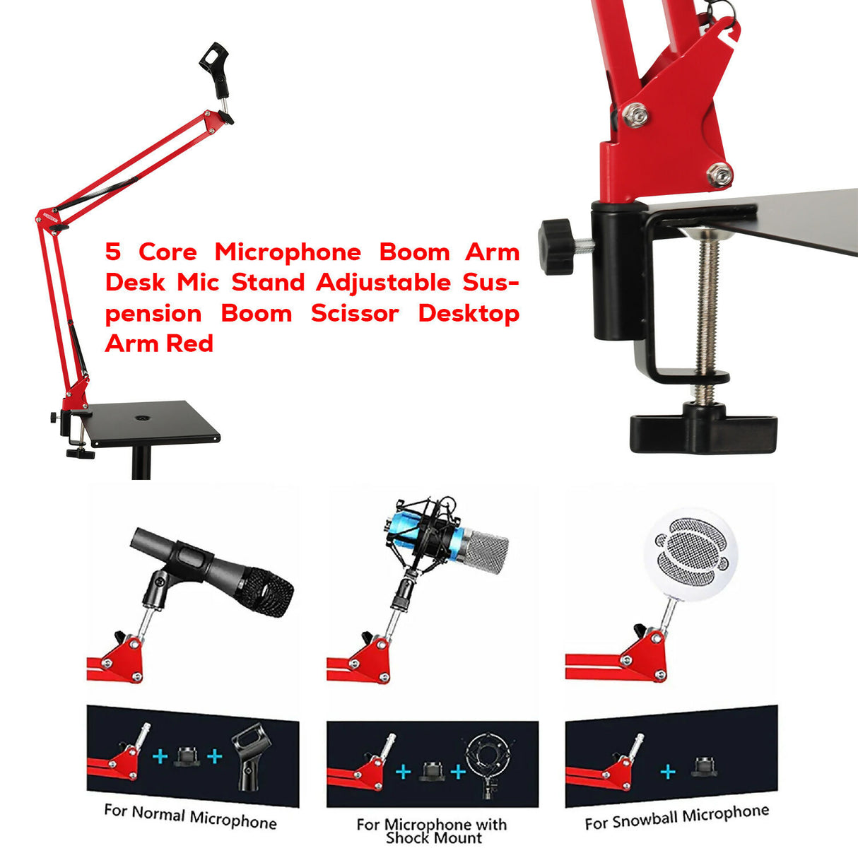 5 Core Microphone Boom Arm Desk Mic Stand Adjustable Suspension Boom Scissor Desktop Arm Red 1/2 Pc