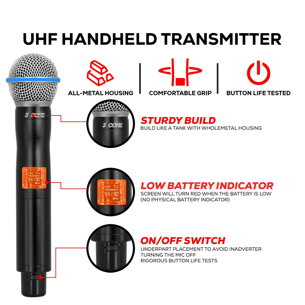 5 Core Wireless Microphones Set 4 Channel UHF Microfono Inalambrico w Handheld Lapel Headset Mic