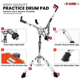 The drum practice pad features double-braced metal legs, an angle-adjustable design, and a firm hold with anti-slip rubber pads