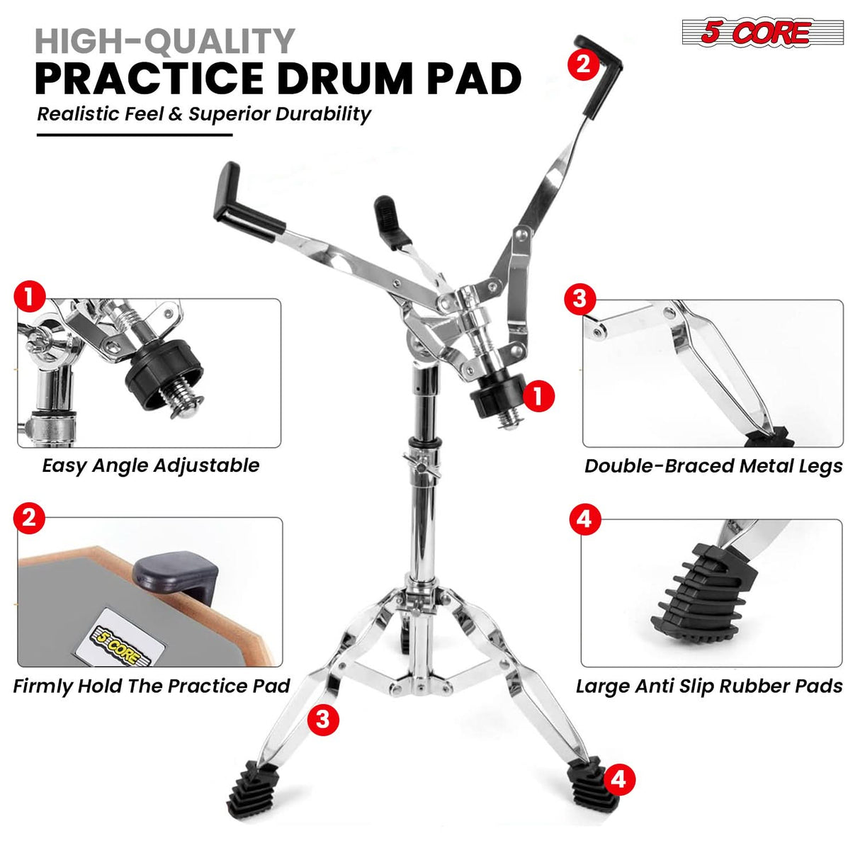 The drum practice pad features double-braced metal legs, an angle-adjustable design, and a firm hold with anti-slip rubber pads