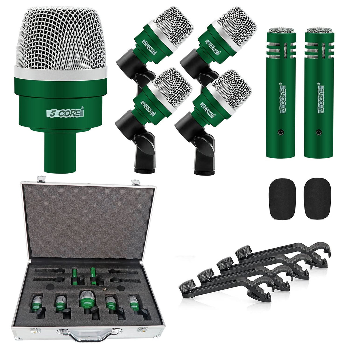 5Core Drum Mic Kit 7 Pcs Kick Bass Tom Snare Dynamic Microphone Instrument Mics Set Green