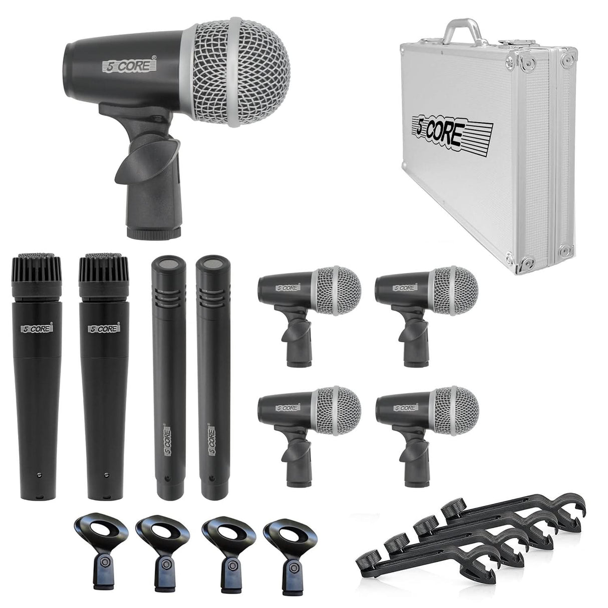 5Core Drum Mic Kit 9 Pcs Kick BassTom Snare Dynamic Mics Instrument Microphone Set BLACK