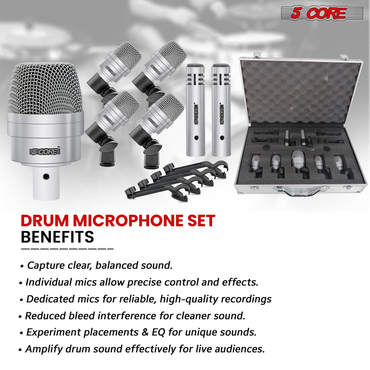 Professional drum mic set ensures balanced sound capture across every drum component.