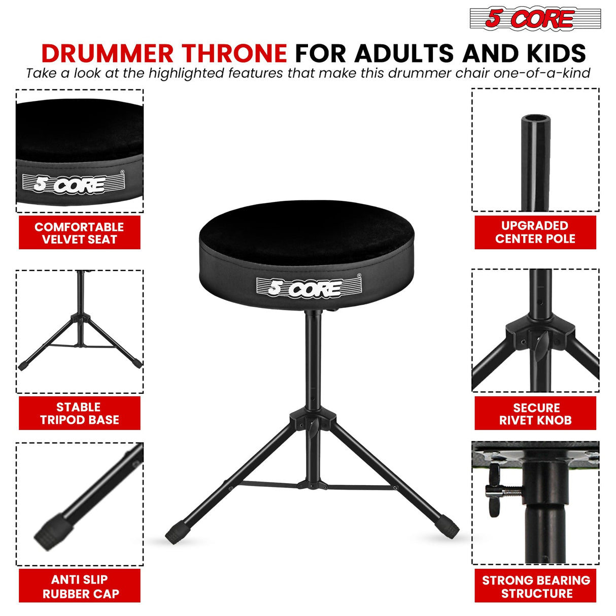 Drum chair with a wide seat, offering ample space and support for drummers of all skill levels.