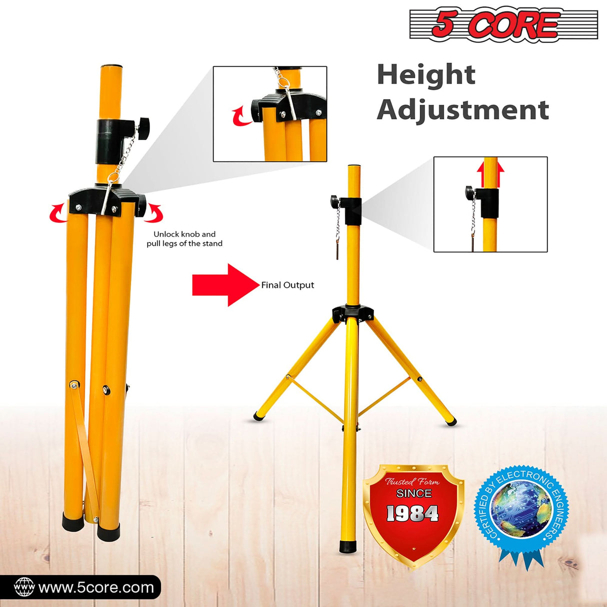 5Core Speaker Stand Tripod Tall Adjustable 72 Inch DJ Studio Monitor Stands Pole Mount Yellow