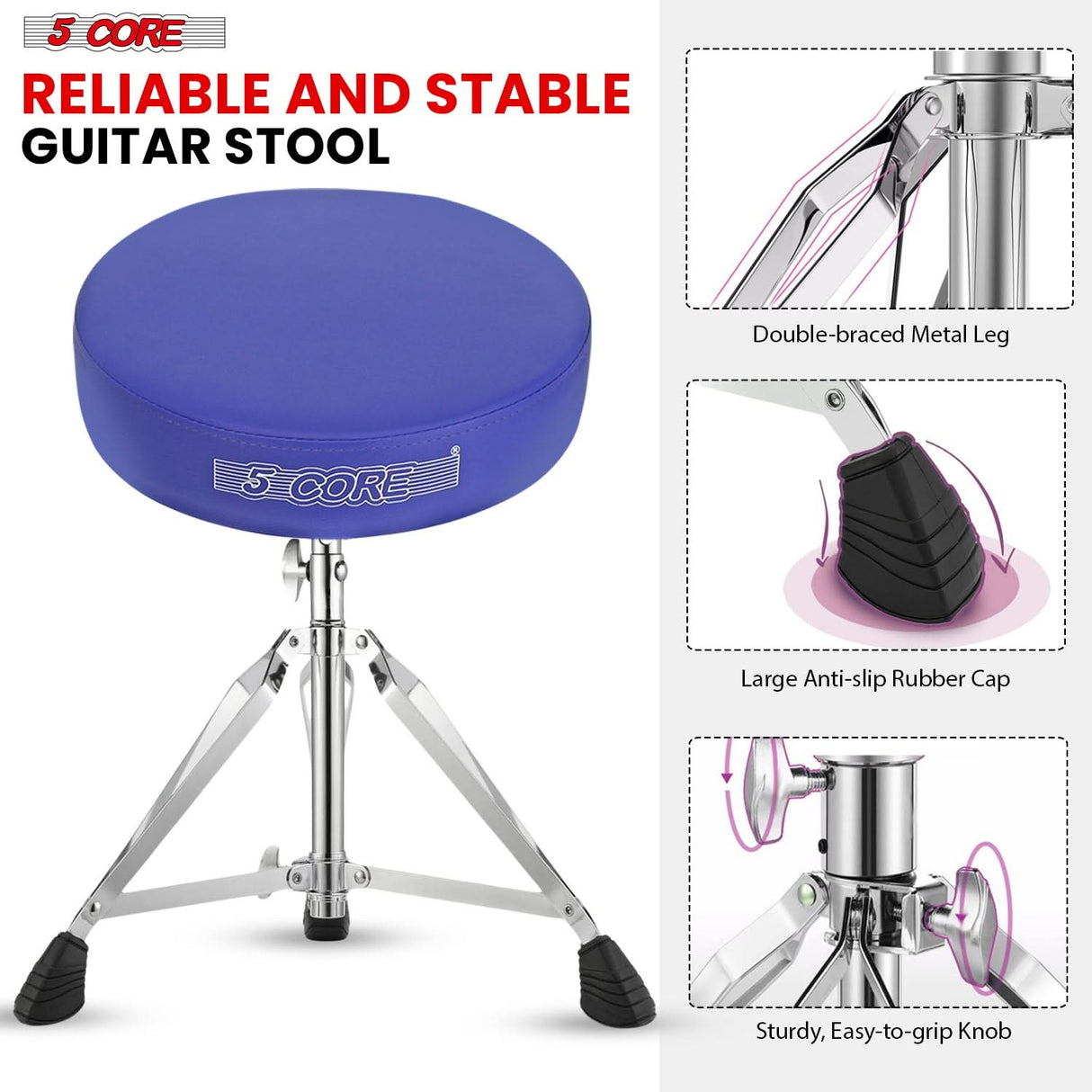 Durable drummer seats for adults and kids with double-braced metal legs, large anti-slip rubber caps, and sturdy, easy-to-grip knob