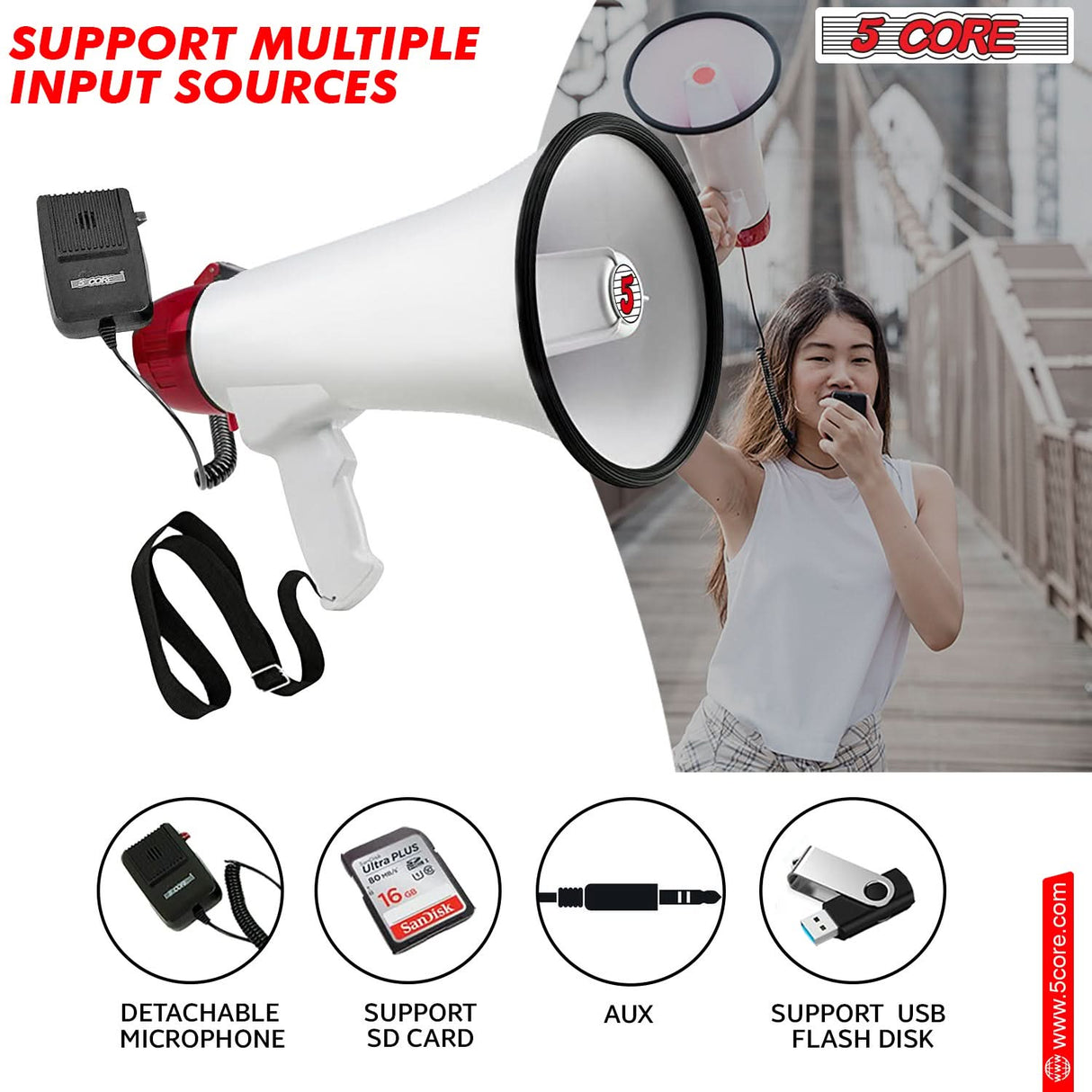 5Core Megaphone Bullhorn Speaker 50W Bull Horn Cheer Megafono 1000 Yards BATTERY