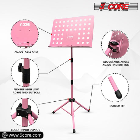 5Core Music Stand For Sheet Music Portable Tripod Adjustable Folding Note Holder PINK