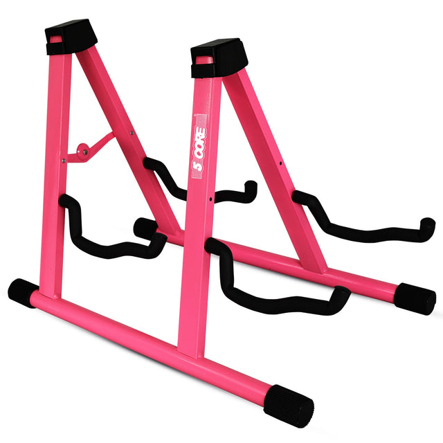 5Core Double Guitar Stand Floor Adjustable A Frame Folding Acoustic Electric Guitars Holder Stands Pink