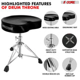 Multi-featured drum stool with adjustable height, cushioned seat, and sturdy base for stability.