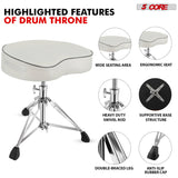 Sturdy and multi-featured stool designed for drummers, offering comfort, stability, and adjustability.