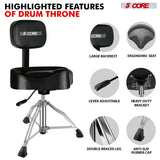 Multi-featured drum stool with adjustable height, sturdy tripod base, and ergonomic design for drummers of all levels.