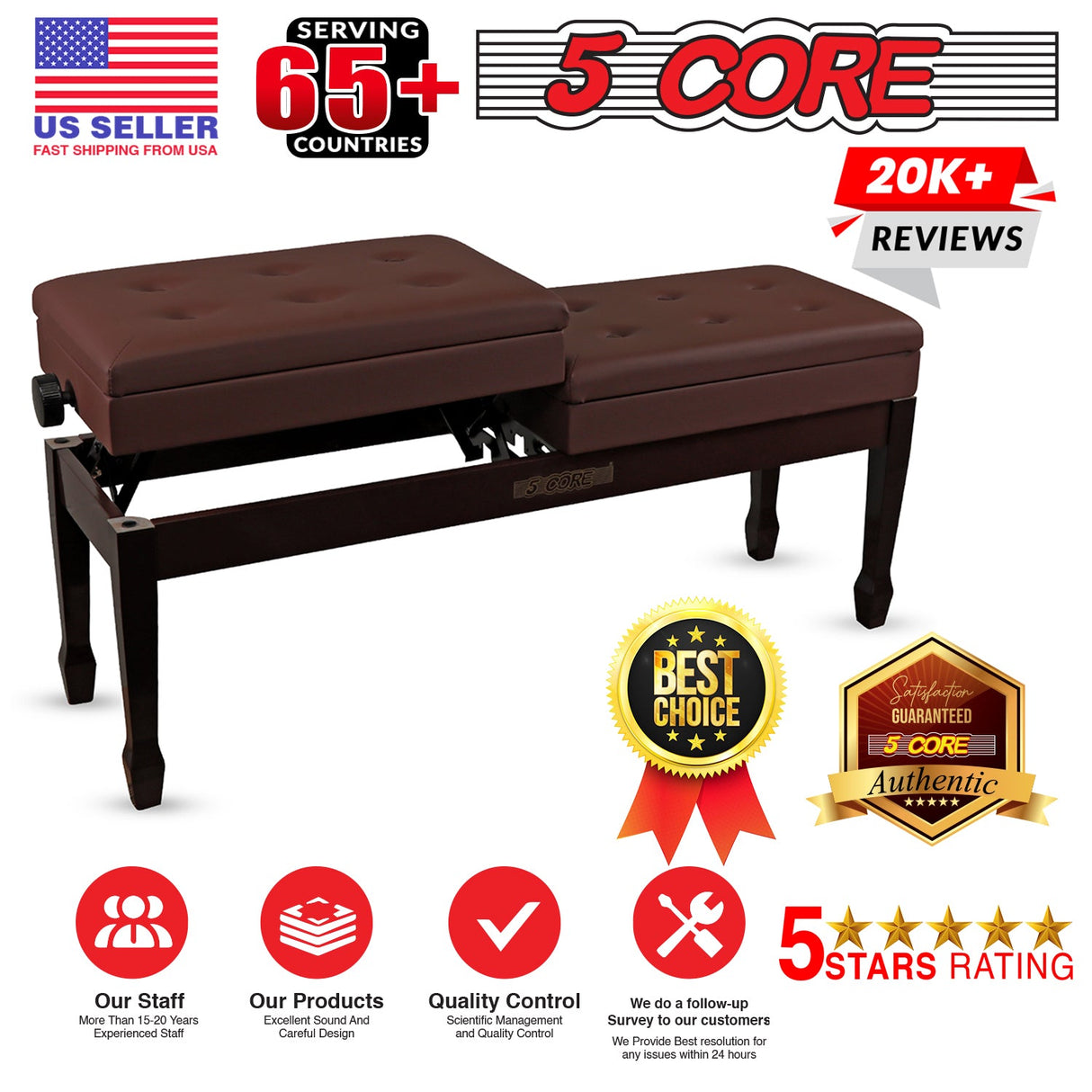 5CORE Duet Piano Bench w Storage For Two Wooden Adjustable Keyboard Stool - Adults & Kids