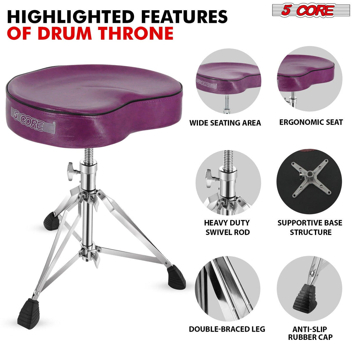 5Core Drum Throne Padded Guitar Stool Saddle Drummer Seat for Adults & Kids