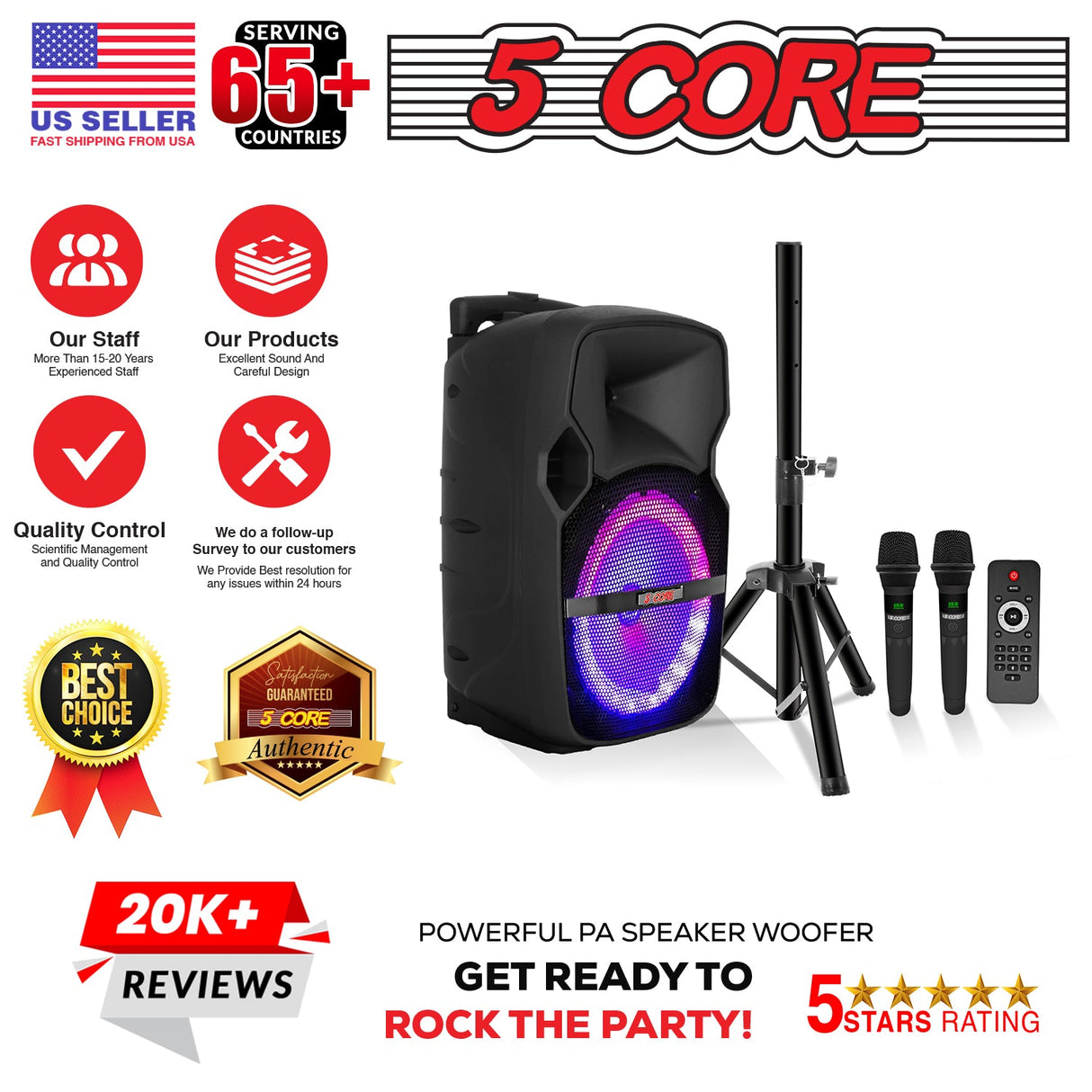 5Core 10 inch PA Portable Bluetooth Party Speaker Karaoke Boombox + 2 Wireless Mics