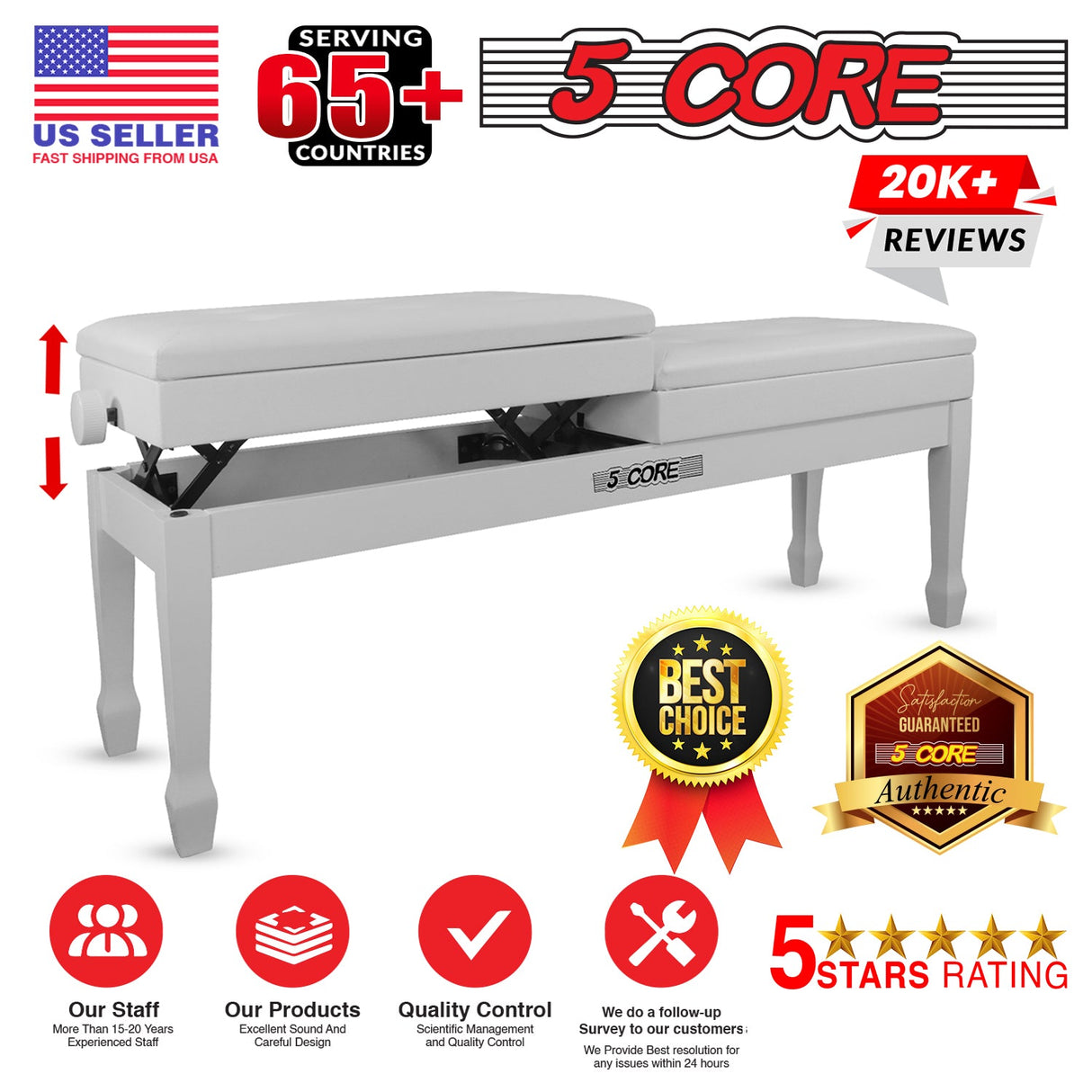 5CORE Duet Piano Bench w Storage For Two Wooden Adjustable Keyboard Stool - Adults & Kids