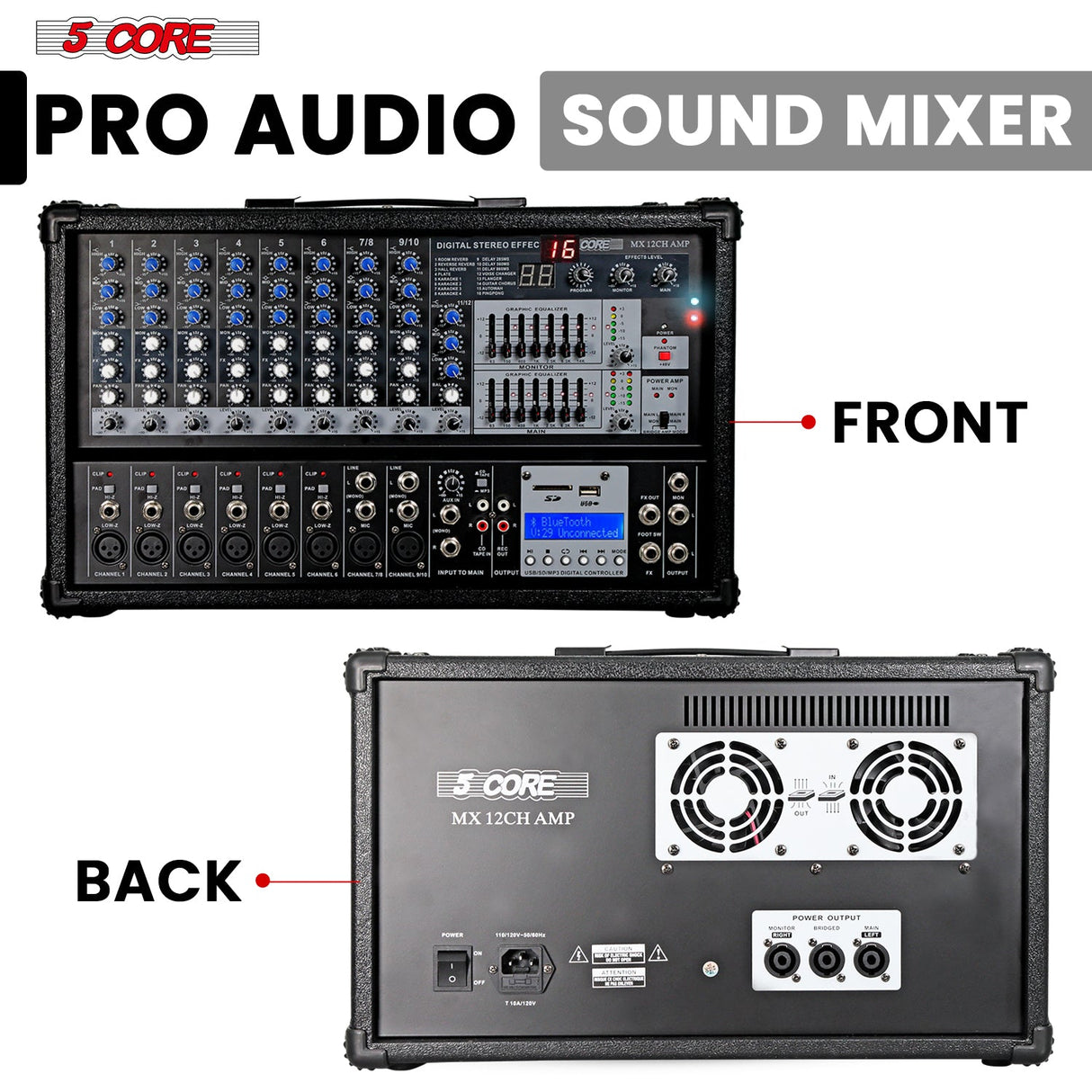 5Core Audio Mixer 4800W Powered 12 Channel 240V Mixer System USB MP3 Bluetooth SD readers Digital LCD Display