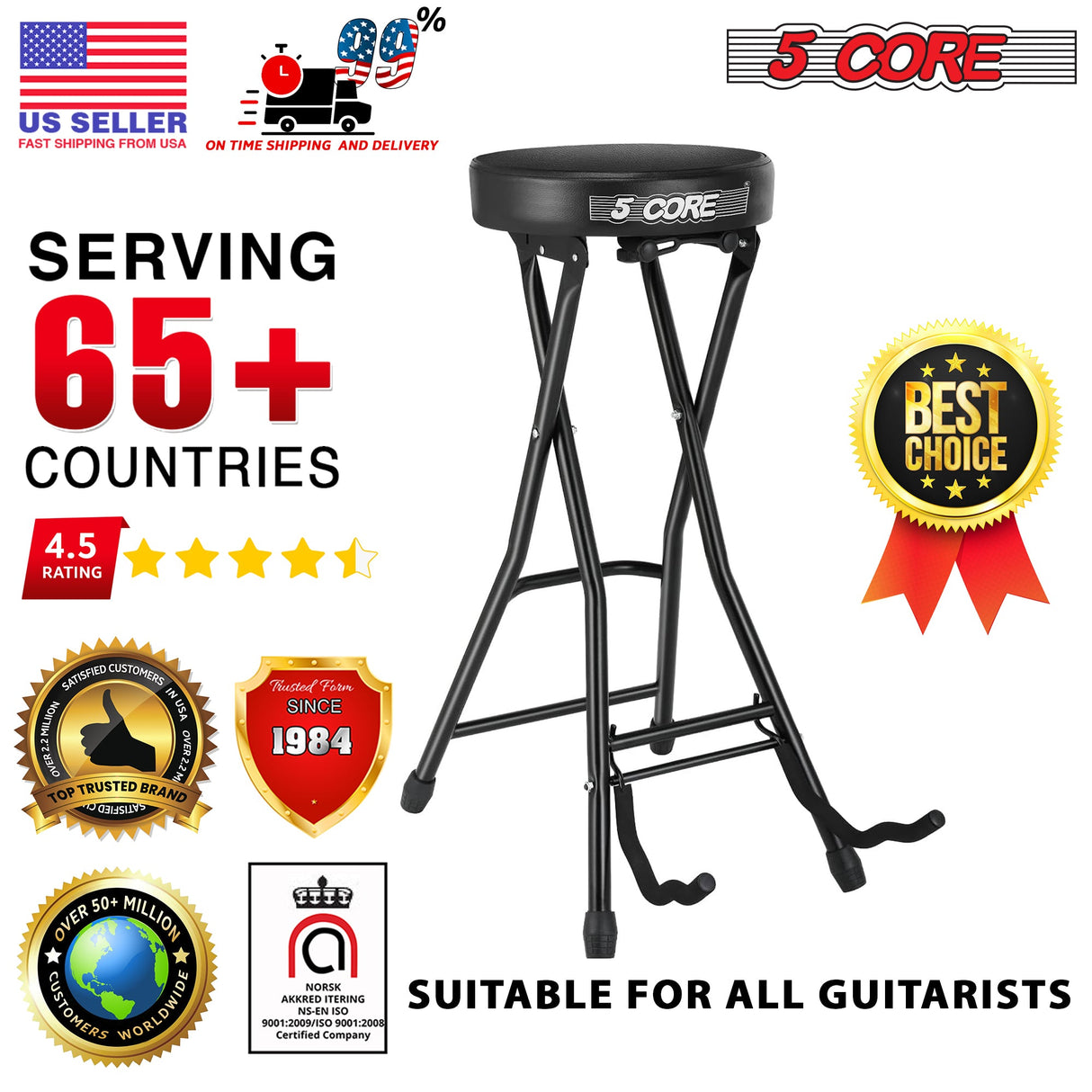 5Core Guitar Stool w Comfortable Padded Seat Foot Rest Guitar Holder w 300 Lbs Capacity