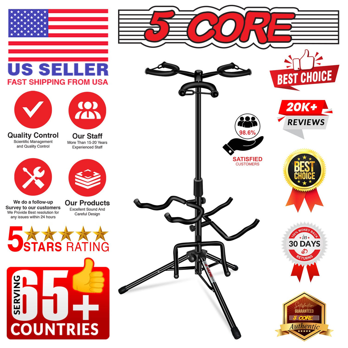 5Core Guitar Stand Floor Tripod  Portable Adjustable Multi Guitars Holder 3N1