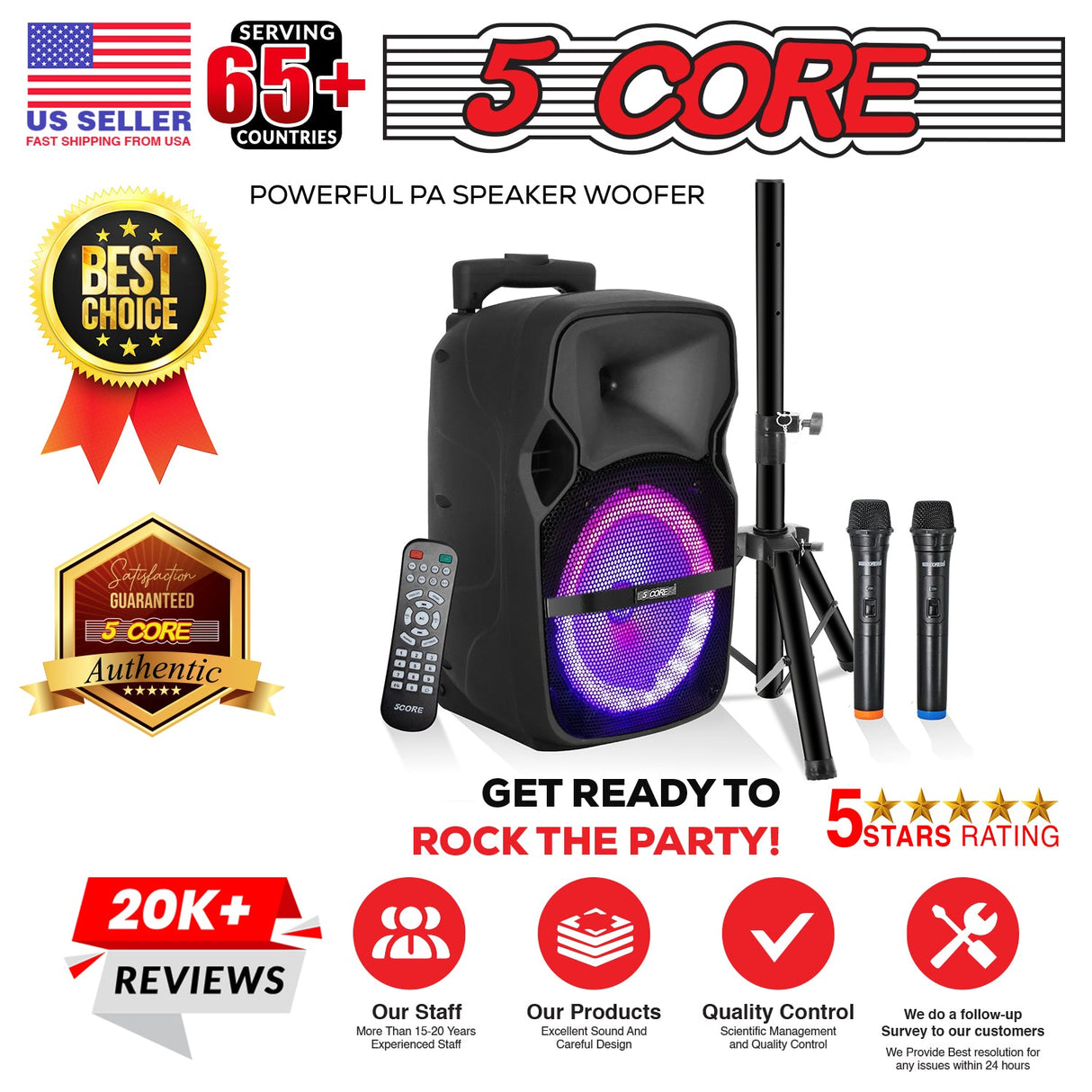 5 CORE TWS Pair Bluetooth Party Speakers Portable Karaoke PA System Rechargeable Loud Speaker + 2X Tripod Stand 4X Wireless Mics LED Light Active Home 8 2-MIC 2PCS