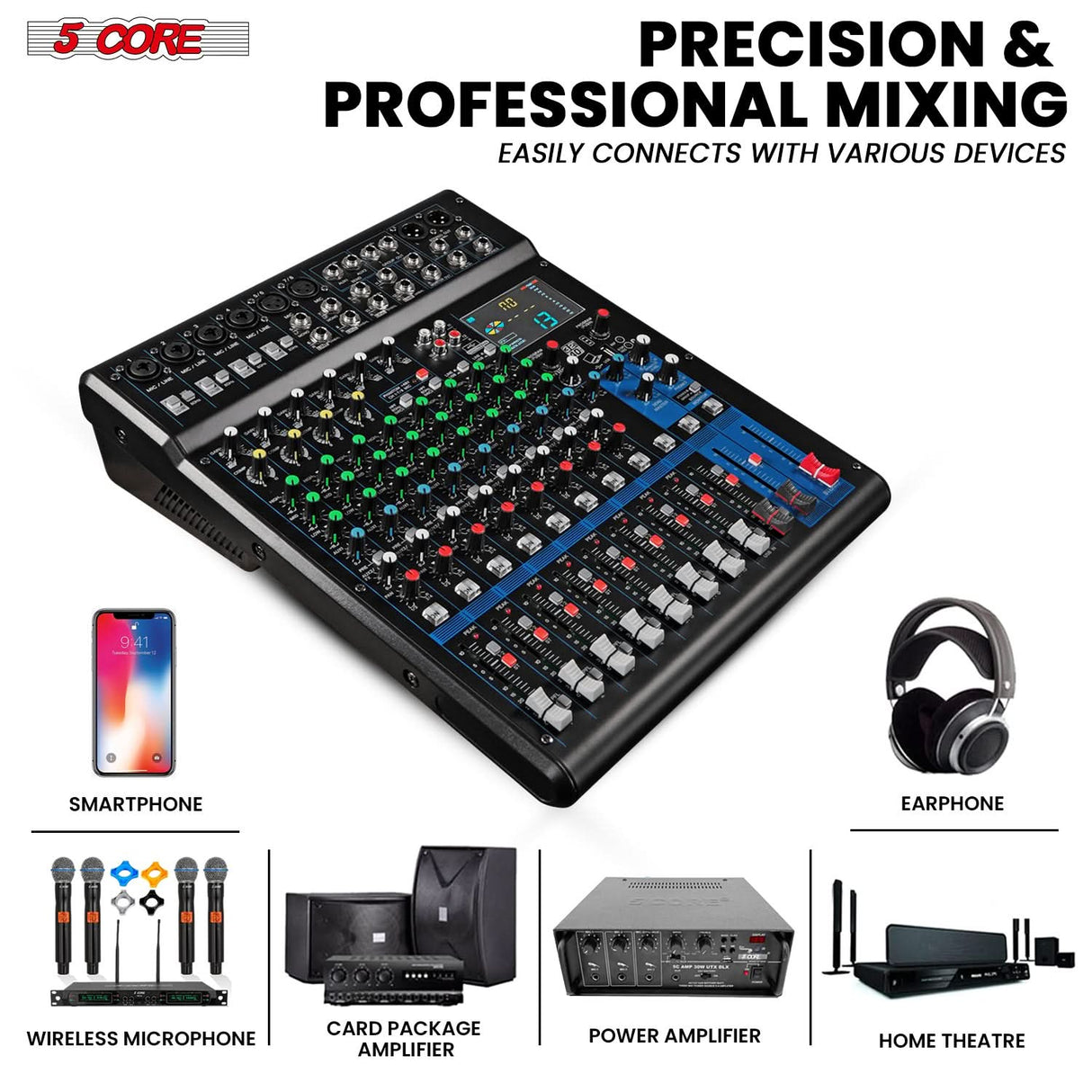 5Core Audio DJ Mixer 12 Channel Sound Board Console w 99 DSP Effect 48V Phantom Power