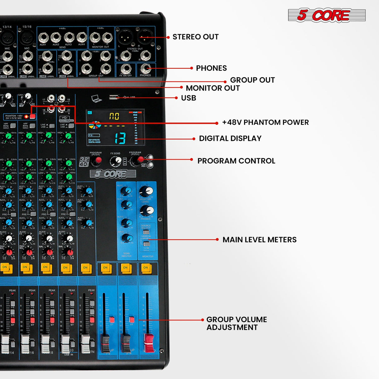 5Core Audio DJ Mixer 20 Channel Sound Board Console w 24 SPX Effect 48V Phantom Power