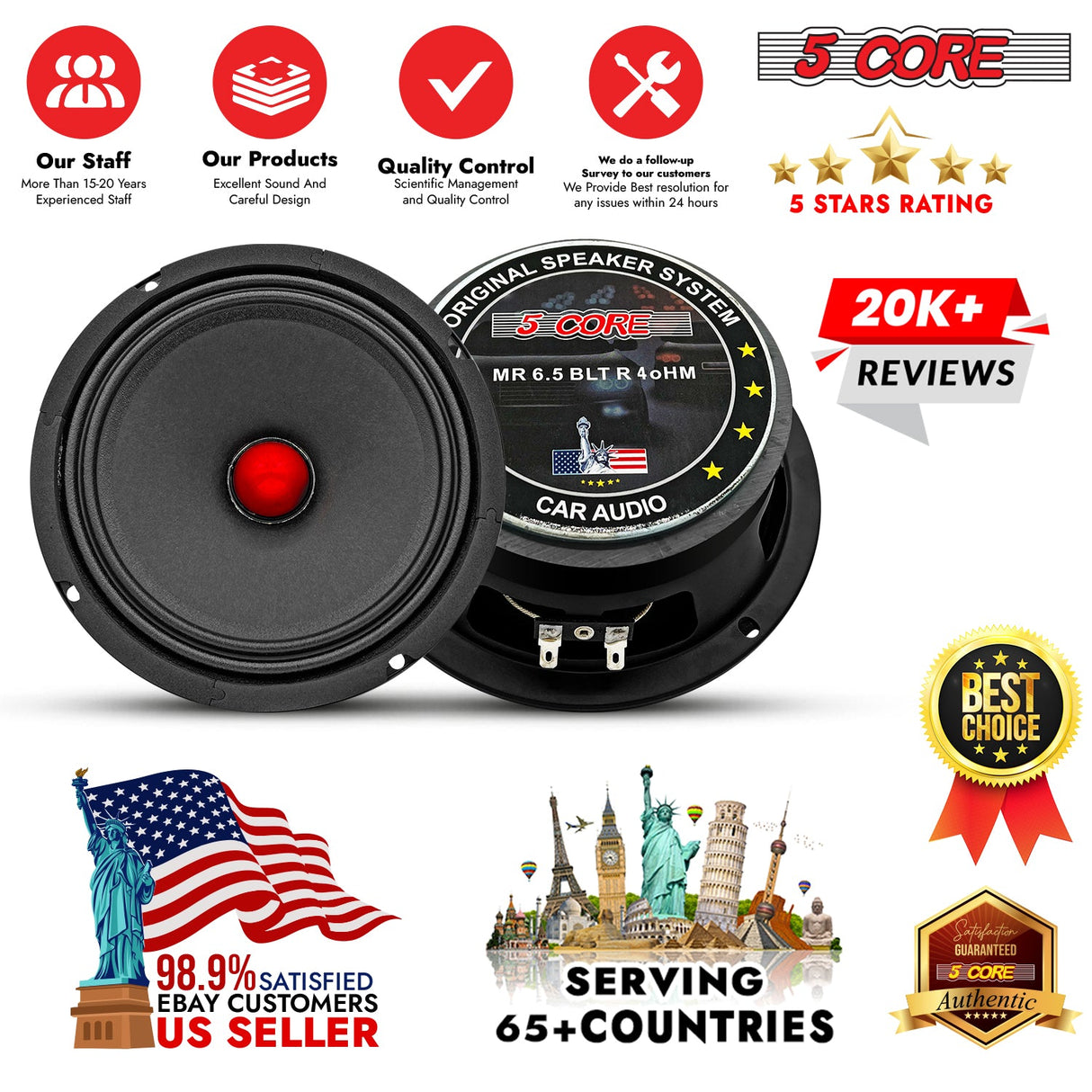 5Core 6.5 Inch Midrange Car Door Speaker 360W Subwoofer w Aluminum Bullet 4Ω Sub Woofer