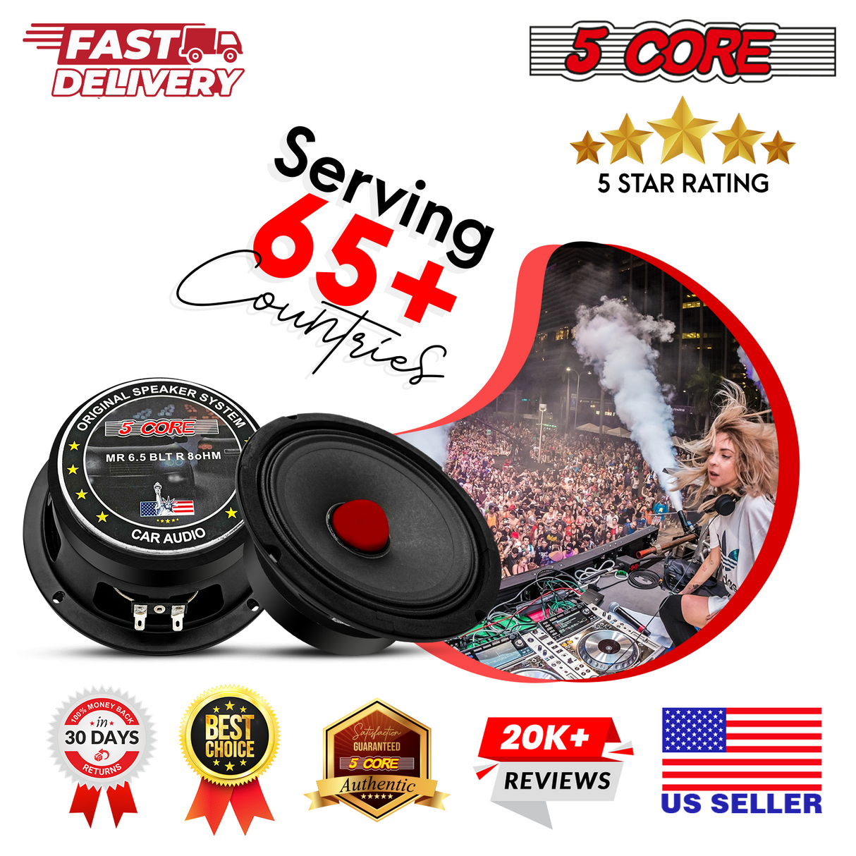 5Core 6.5 Inch Midrange Door Speaker 360W Subwoofer w Aluminum Bullet 8Ω Sub Woofer