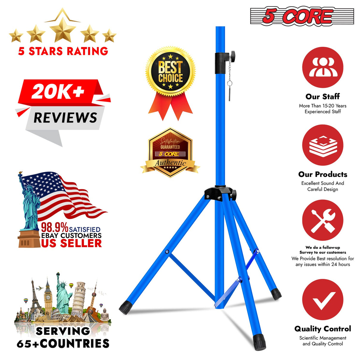 5Core Speaker Stand Tripod Tall Adjustable 72 Inch DJ Pole Mount Studio Monitor Stands SKY BLUE