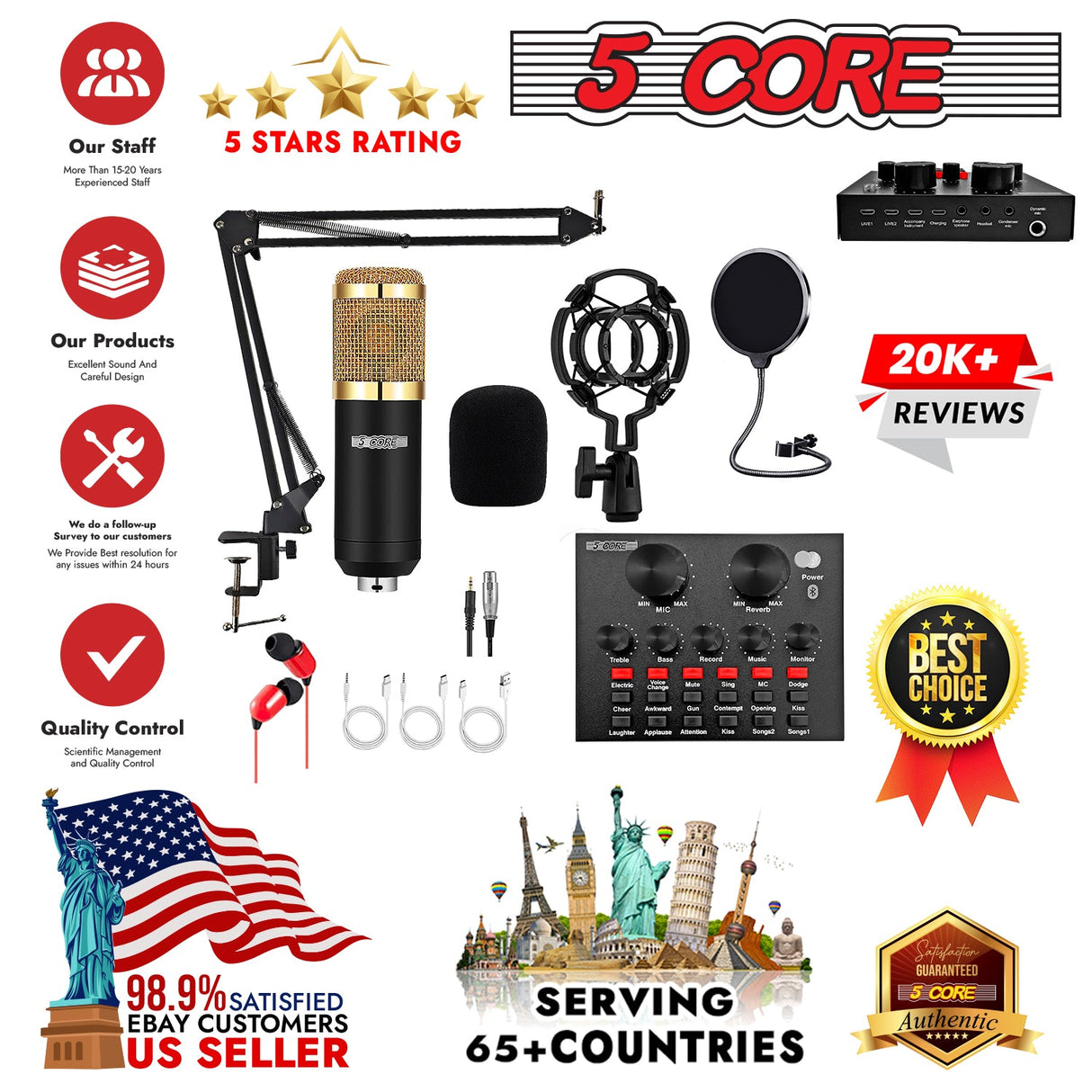 5Core Recording Microphone Podcast Bundle Professional Condenser Cardioid Mic Kit w Boom Arm