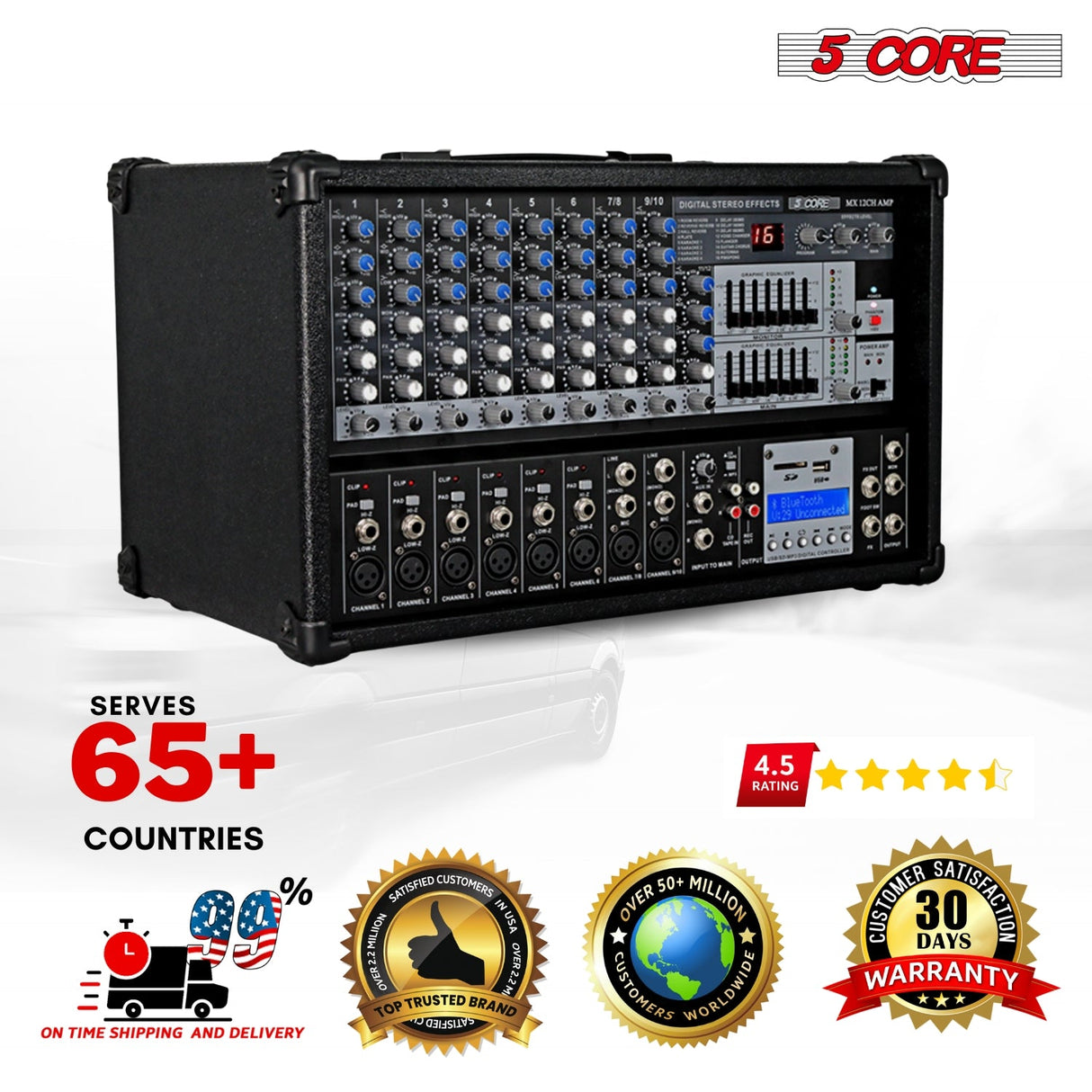 5Core Audio Mixer 4800W Powered 12 Channel 240V Mixer System USB MP3 Bluetooth SD readers Digital LCD Display