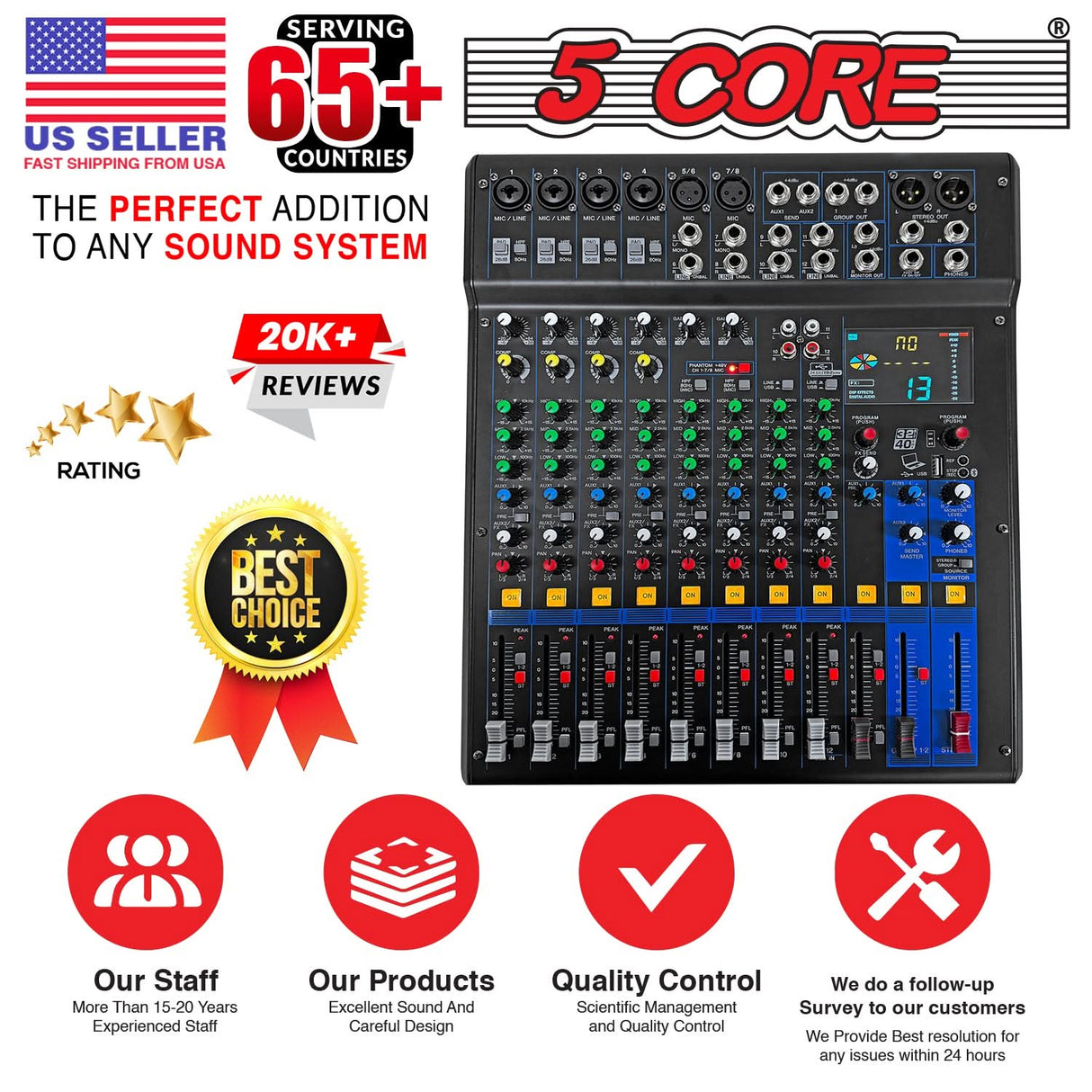 5Core Audio DJ Mixer 12 Channel Sound Board Console w 99 DSP Effect 48V Phantom Power