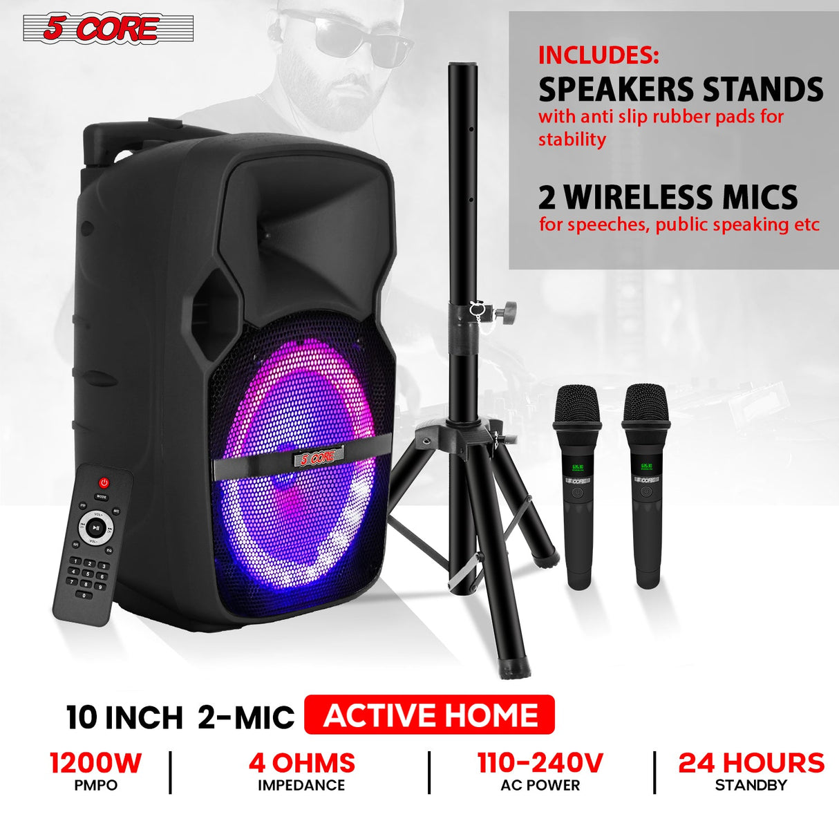 5Core 10 inch PA Portable Bluetooth Party Speaker Karaoke Boombox + 2 Wireless Mics