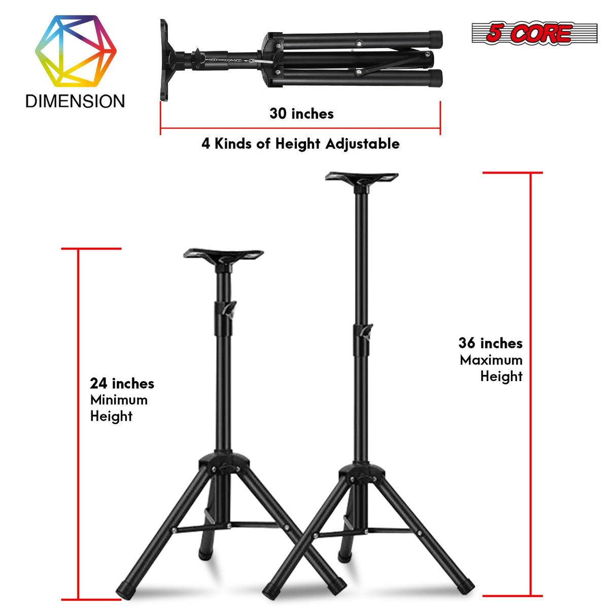 5Core Speaker Stand Tripod Tall Adjustable 36 Inch DJ Pole Mount Studio Monitor Stands