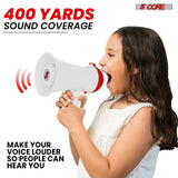 5Core Megaphone Bullhorn Speaker 15W Mini Battery Power Bull horn w Siren 400 Yard Range White