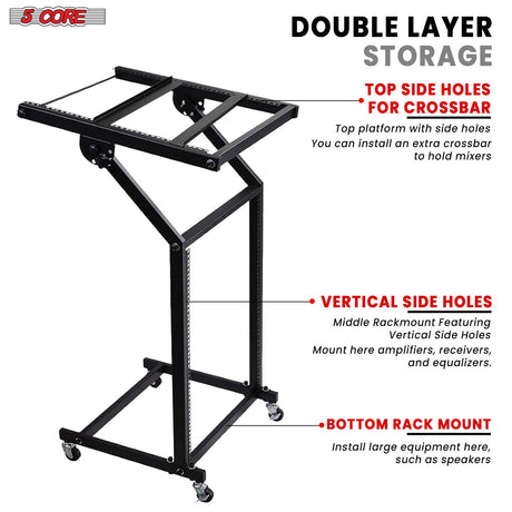 5Core DJ Mixer Stand 12U Adjustable Rack Mount Rolling Stage Cart Pro Audio Studio Equipment w Wheel