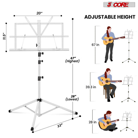 5Core Music Stand For Sheet Music Portable Tripod Adjustable Folding Note Holder Higher White