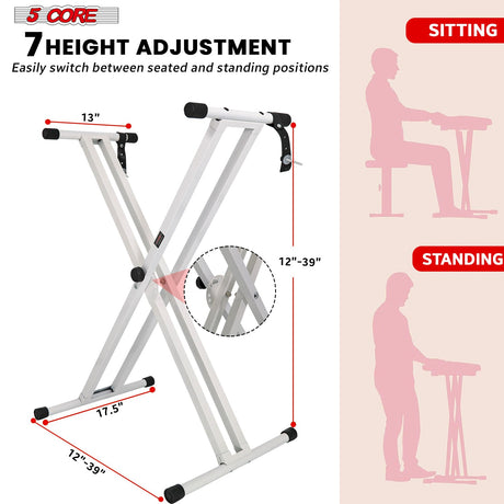 5Core Keyboard Stand Double X Style Adjustable Piano Riser + Keyboard Piano Bench WHITE