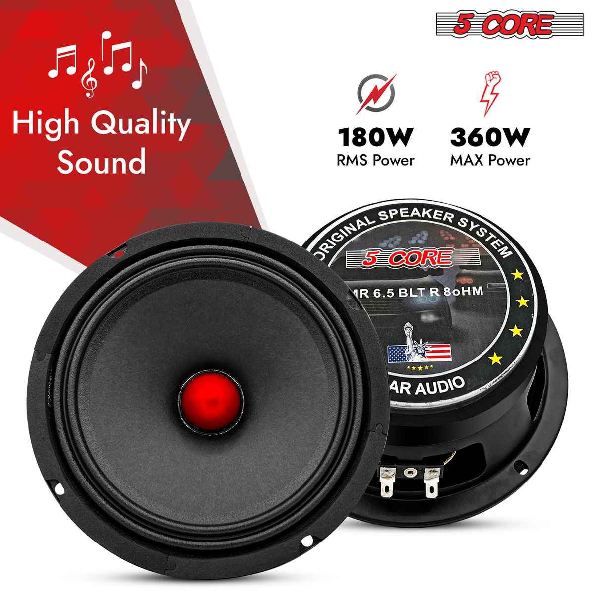 5Core 6.5 Inch Midrange Door Speaker 360W PMPO Subwoofer w Aluminum Bullet 8Ω Sub Woofer