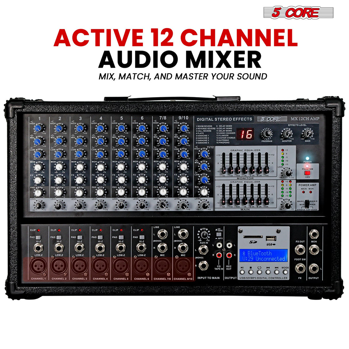 5Core Audio Mixer 4800W Powered 12 Channel 240V Mixer System USB MP3 Bluetooth SD readers Digital LCD Display