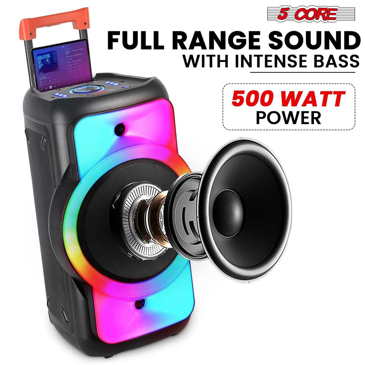 5Core Bluetooth Party Speaker 12 inch PA RGB Partybox Karaoke Machine + 2 Wireless Mic