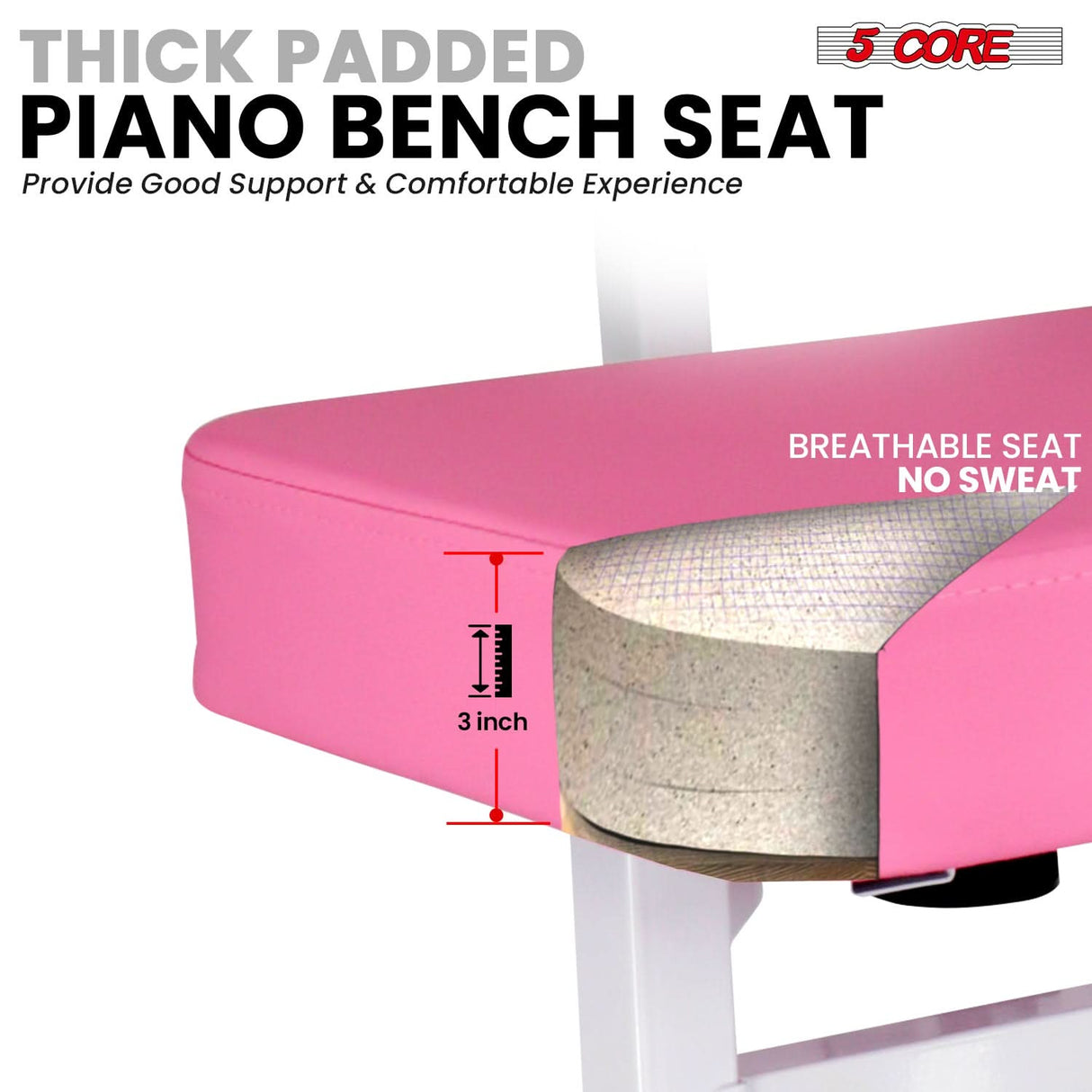 5 CORE Piano Bench Height Adjustable Keyboard Stool Stool Heavy Duty Thick Padded Cushioned Seat with Backrest Pink