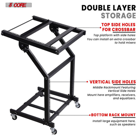 5Core DJ Mixer Stand 9U Adjustable Rack Mount Rolling Stage Cart Pro Audio Studio Equipment w Wheel