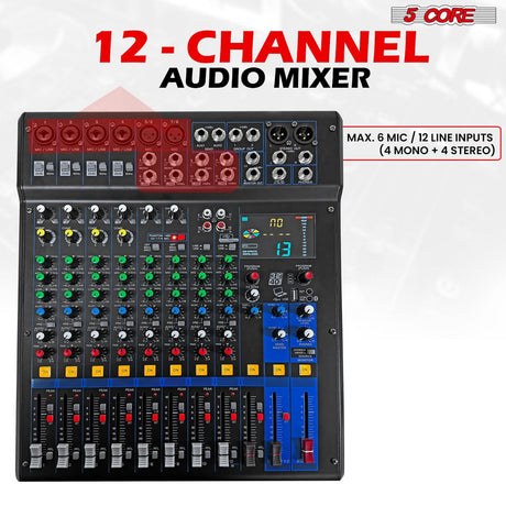 5Core Audio DJ Mixer 12 Channel Sound Board Console w 99 DSP Effect 48V Phantom Power