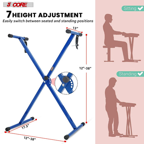 5Core Keyboard Stand Single X Style Adjustable Lift Piano Riser For 49 To 88 Keys BLUE