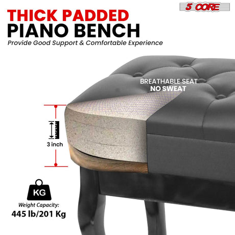 5 Core Piano Bench Wooden Height Adjustable Stool Heavy Duty Keyboard Seat with Storage BLACK