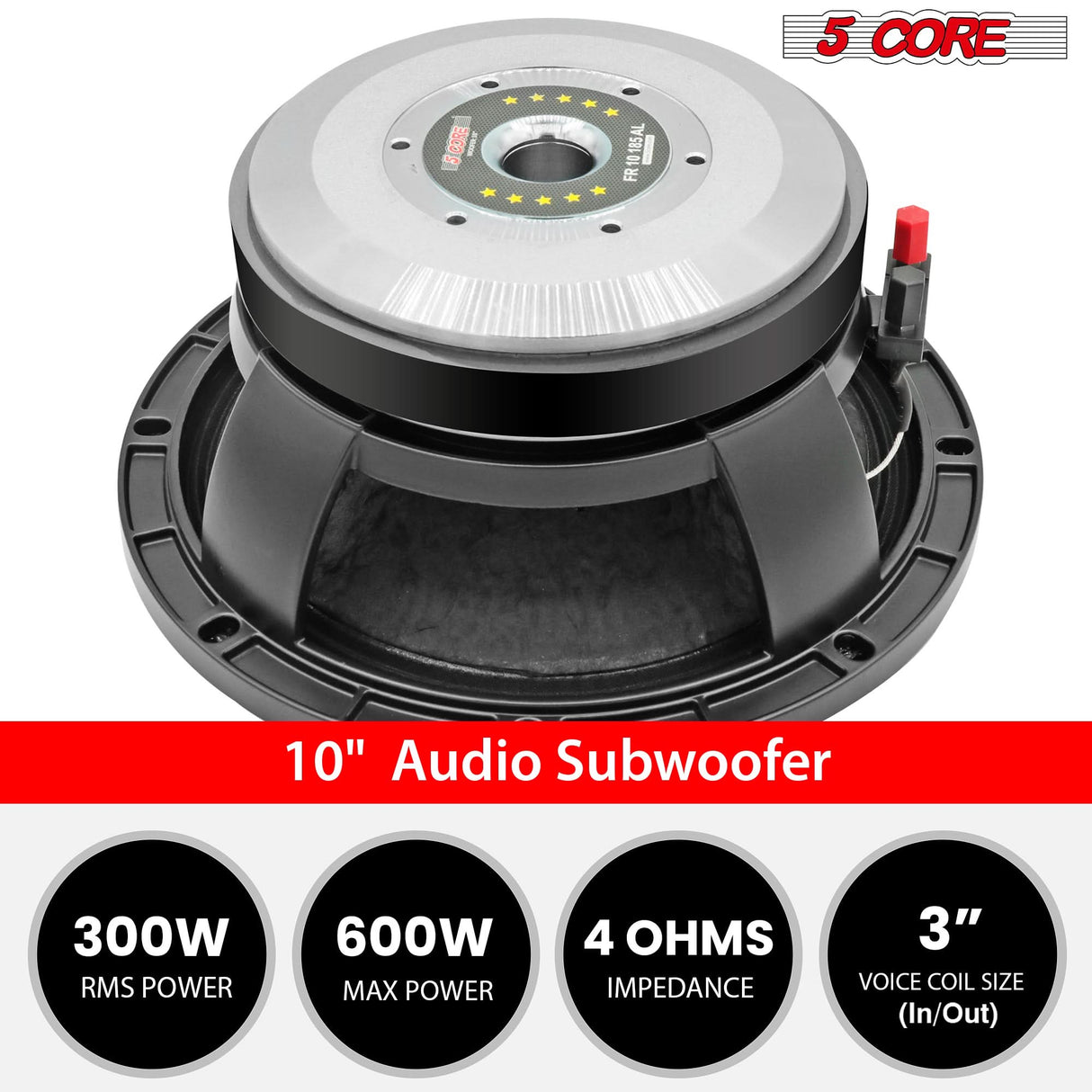 5 CORE 10 Inch Subwoofer Speaker 600W Max 4 Ohm Full Range Replacement DJ Bass Loudspeaker