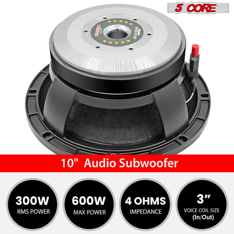 5 CORE 10 Inch Subwoofer Speaker 600W Max 4 Ohm Full Range Replacement DJ Bass Loudspeaker